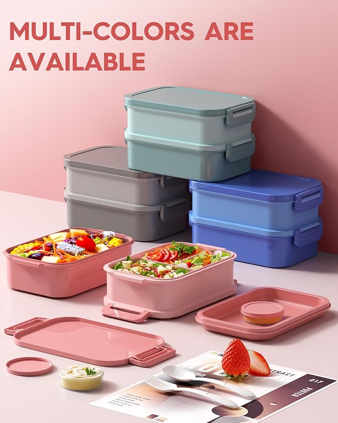 KEMETHY Adults Bento Lunch Box Set with Thermo Bag, 74oz Stackable Leak-proof 3-tiers Bento Box, Built-in Utensil and Sauce Container for Work, School, Dining Out (Pink)