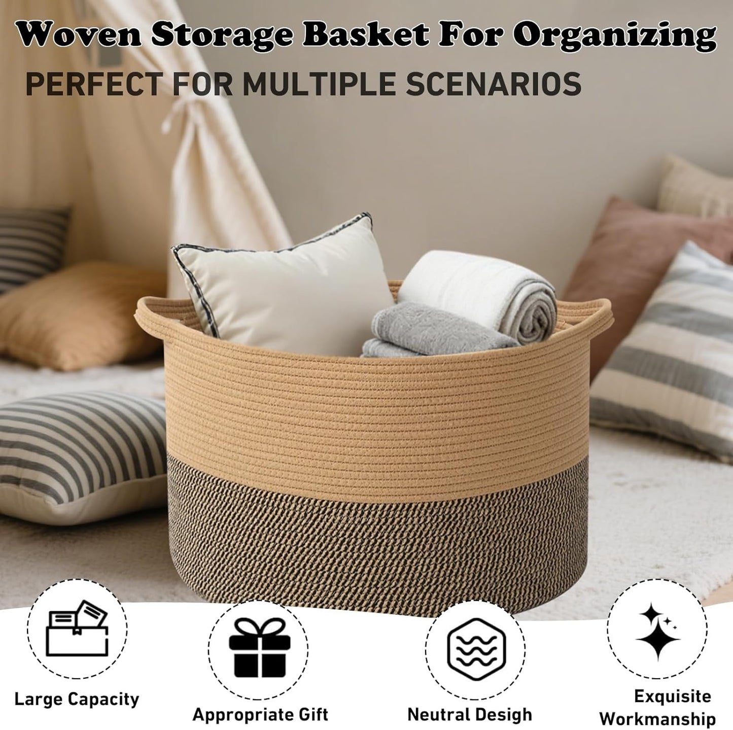 Large Blanket Basket for Organizing,65L Closet Organizers and Storage Bins Box for Shelves Woven Rope Storage Baskets,Living Room,Bedroom,Dorm,Laundry room (Jute&Black)