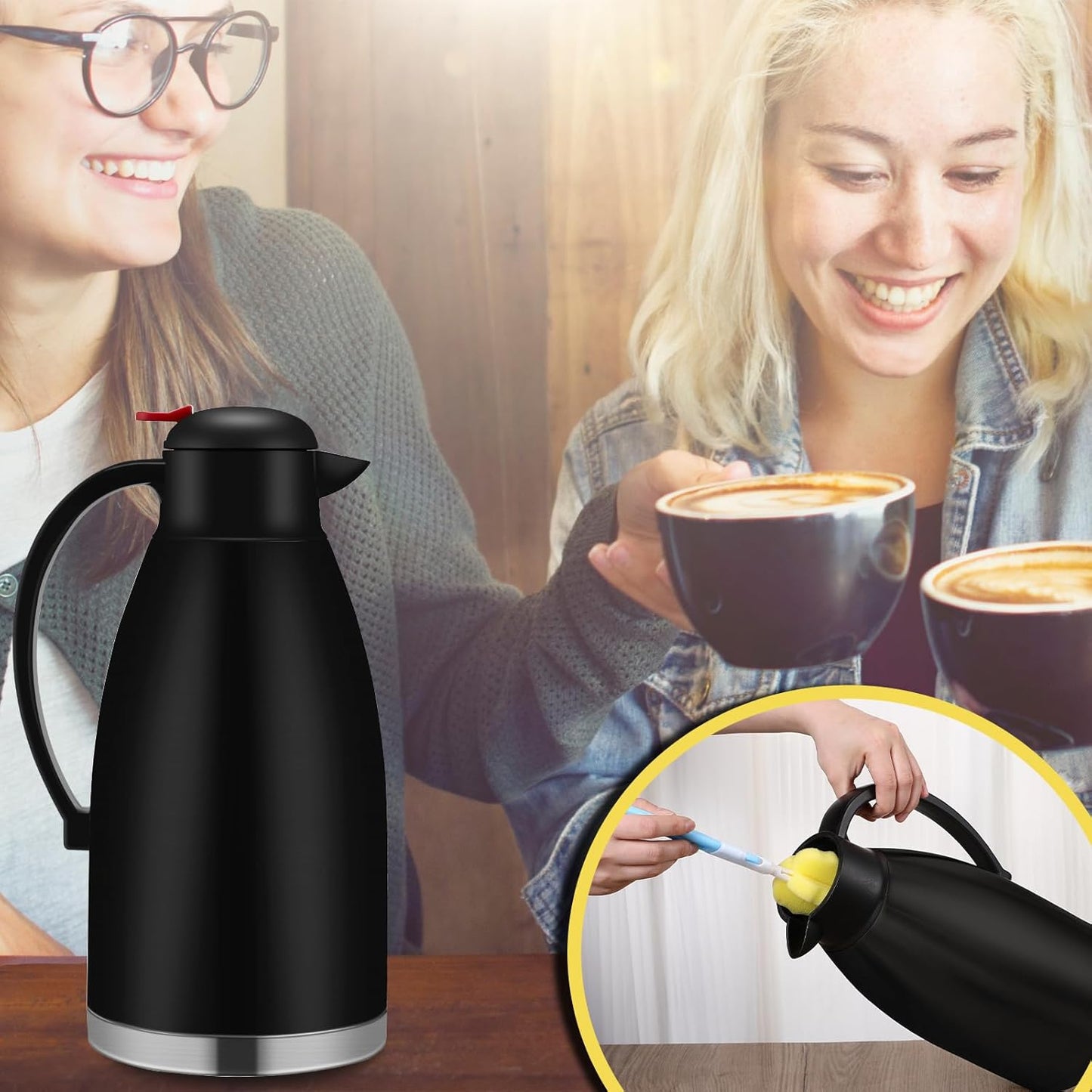 Nuogo 2 Pcs 102 oz Thermal Coffee Carafe Insulated Stainless Steel Carafe Double Walled Vacuum Coffee Thermal Pot with Brush for Home Office Use Keep 24 Hours Hot Water Tea(Black)