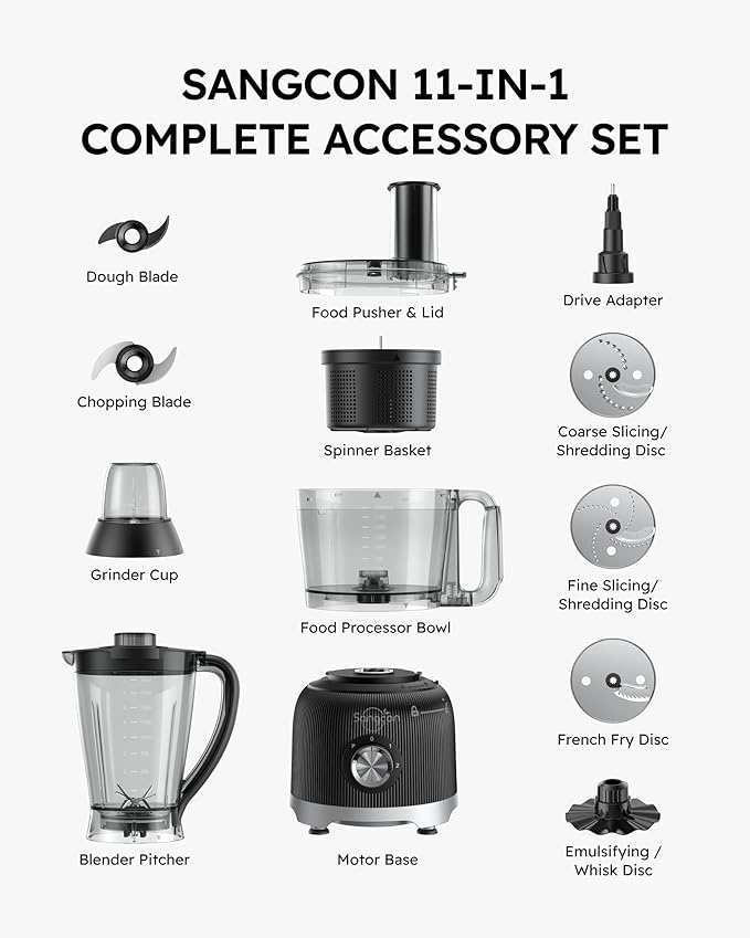 Sangcon Smoothie Blender and Food Processor Combo for Kitchen, 600W Vegetable Chopper with 2 x 8-Cup Bowls, 11-in-1 Food Chopper for Slicing, Shredding, Mixing, Purees & Dough, Shakes, BPA-Free