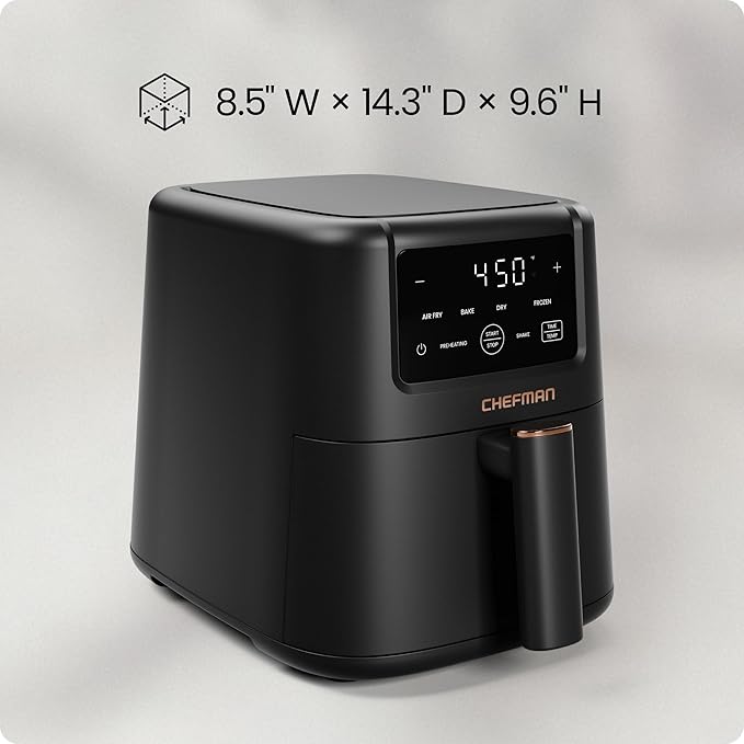 Chefman Air Fryer – 4-in-1 Slim 3.5 QT Airfryer, Air Fry, Bake, Dehydrate, Frozen, 450°F Max Temp for Extra Crispy Results in Minutes, Nonstick Ceramic Coating, Dishwasher-Safe Accessories - Black