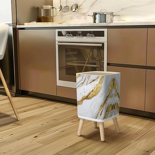 Small Trash Can with Lid Luxury White Gold Marble texture Panoramic Marbling texture for Wastebasket with Press Cover Dog Proof Garbage Can Waste Bin for Kitchen Bathroom Nursery 2.6 Gallon
