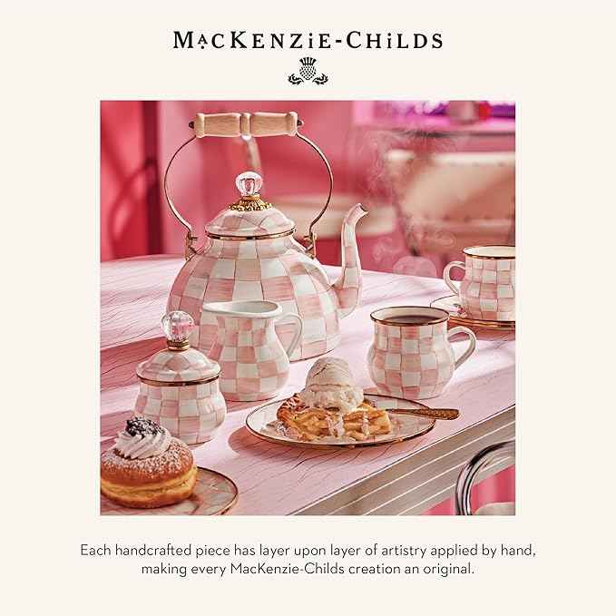 MACKENZIE-CHILDS Enamel Salt and Pepper Shakers, Kitchen Table Spice Shaker Set, Pink-and-White Rosy Check, Large