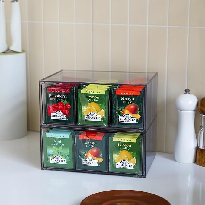 CLUQMEIK 2 Large Acrylic Tea Bag Organizer, 9 Grids Tea Organizers and Storage with Acrylic Drawers Stackable, Teabag Holder Organizer for Counter Countertop Kitchen Cabinet