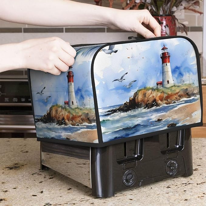 Toaster Cover 4 Slice Sea Beach Lighthouse Waterproof Appliance Cover with Hang Loop Bread Baker Toaster Cover for Kitchen
