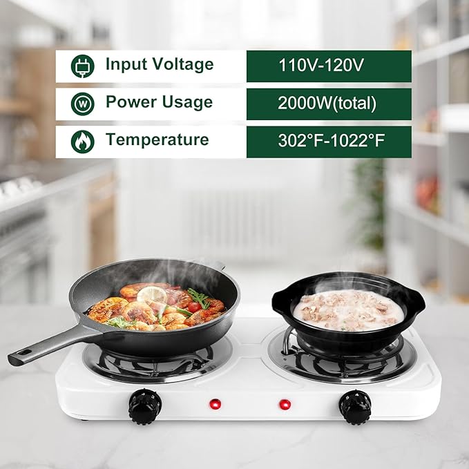 Double Burner Cooktop, 2000W Portable Electric Stove, 5 Level Temperature Control, Easy to Clean, Power Indicator Lights, Coil Hot Plate for Home Dorm Camping Cooking