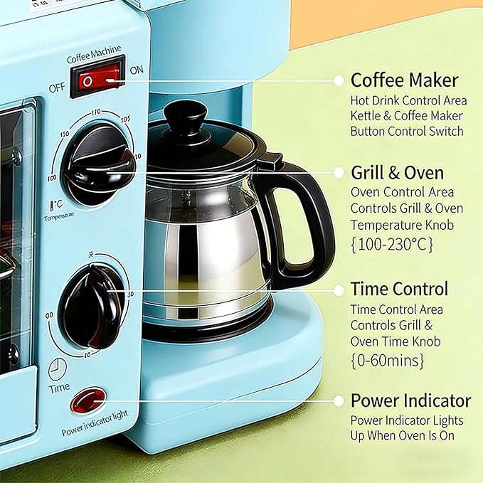 9L, 3-in-1 multifunctional home breakfast machine, mini oven, coffee machine, with timer, visible window, Lid crystal handle (Blue)