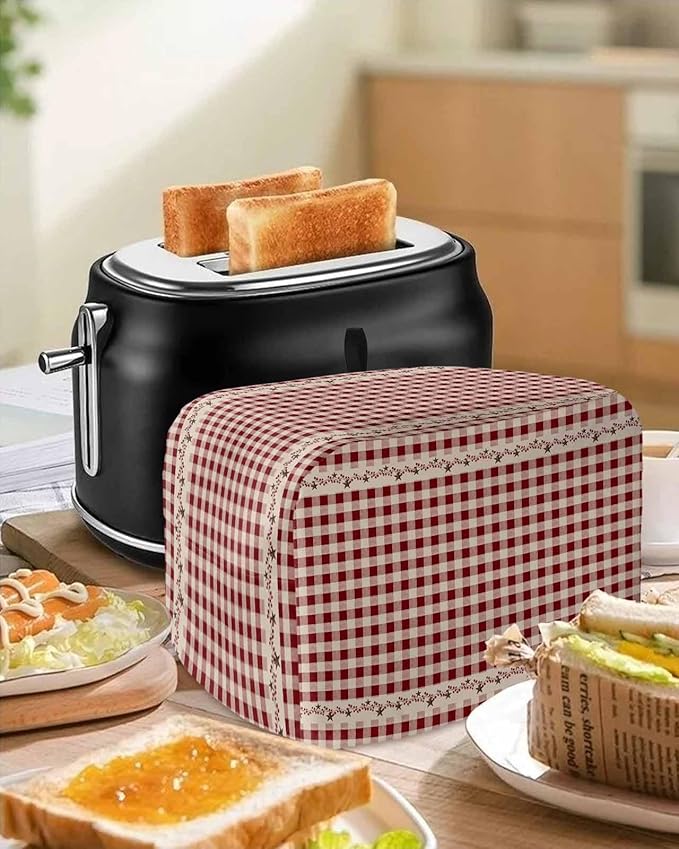 Country Star Berry Red Buffalo Plaid Soft Washable 2 Slice Toaster Dust Cover with Pockets, Dust-proof and Fingerprint Protection