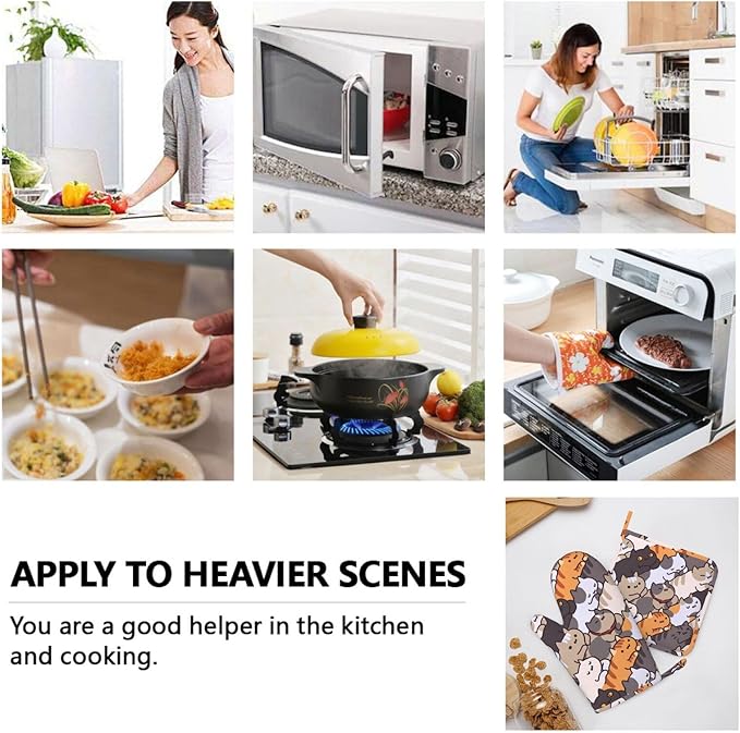 Fun Cat Cartoon Animal Face Oven Mitts and Pot Holders Set of 4 Silicone Heat Resistant Oven Mitten Potholders Non Slip Gloves Kitchen Decor for BBQ Cooking Grilling Baking