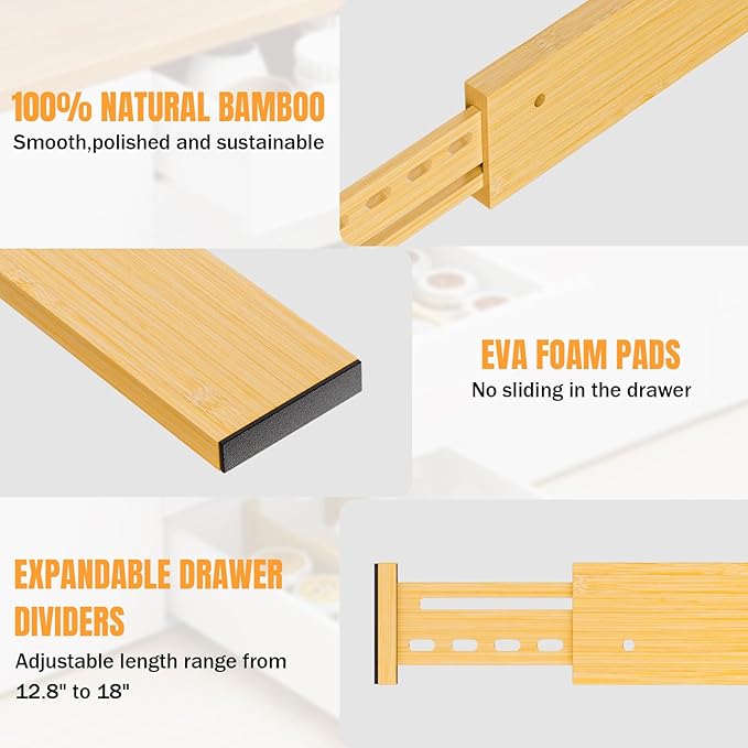 Bamboo Drawer Dividers 4" High, 12.8-18" Adjustable Drawer Organizers for Clothes,Expandable Dresser Separators in Bedroom/Kitchen/Bathroom/Office Organization and Storage,6 Pack