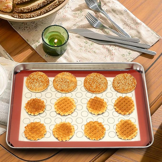 Wildone Baking Sheet with Silicone Mat Set, Set of 4 (2 Sheets + 2 Mats), Wildone Stainless Steel Cookie Sheet Baking Pan with Silicone Mat, Size 9 x 7 x 1 inch, Non Toxic & Heavy Duty & Easy Clean