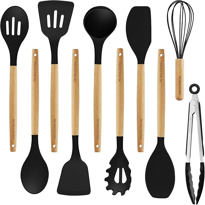 Silicone 10 Pcs Kitchen Cooking Utensils Set, Recycled Materials Certification, BPA Free Spatula Set with Heat Resistant Wood Handles for Nonstick Cookware, Black