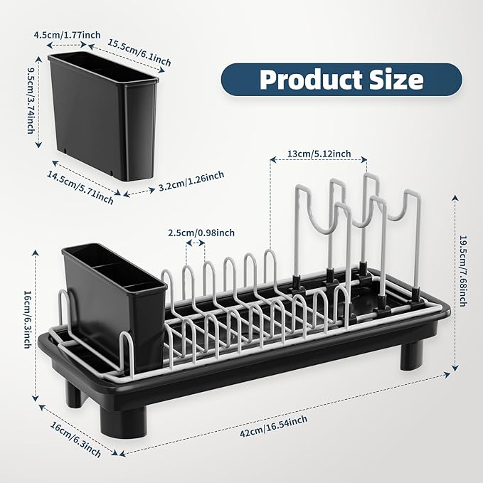 SanDream Small Dish Drying Rack with Removable Utensil Holder & Anti-Scratch Base - Stainless Steel Dish Rack, Dish Drying Rack with Drainage & Space Saving Design for Kitchen Counter, Black