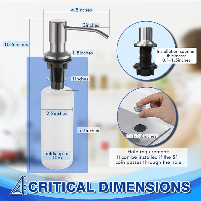 Built in Soap Dispenser for Kitchen Sink WEWE, Stainless Steel Brushed Nickel in Counter soap Dispenser Refill from The Top 10oz Large Liquid Bottle