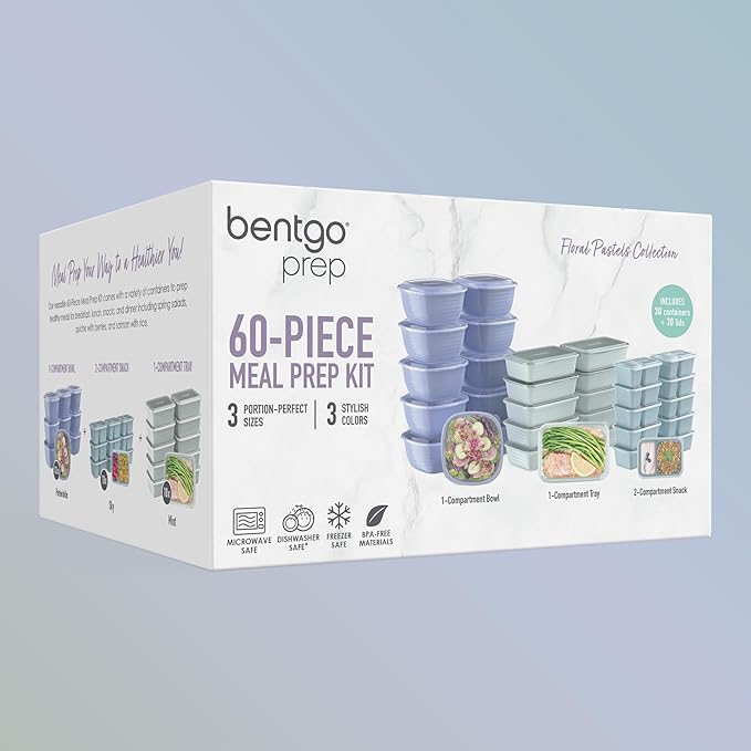 Bentgo Prep 60-Piece Variety Meal Prep Kit - Reusable PFAS & BPA-Free Food Containers 1-Compartment Trays, Prep Bowls, & Snack Boxes - Microwave, Freezer, & Dishwasher Safe (Floral Pastels)