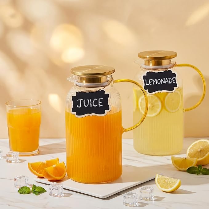 Lounsweer 5 Pack Glass Pitcher with Lid, 68 oz/ 2 Liter Vertical Stripes Water Pitcher with Yellow Handle Mini Rectangle Chalkboard Label and Sponge Cup Brush Housewarming Gifts, Hot and Cold Drinks