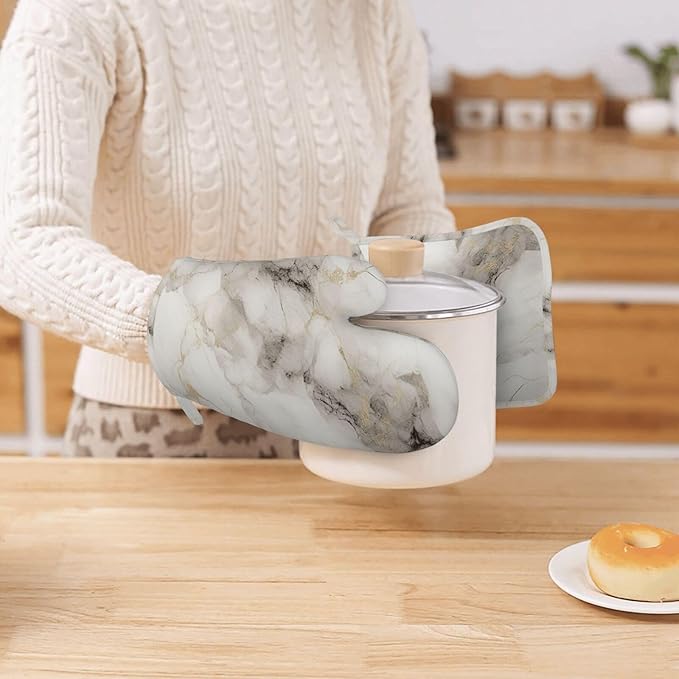 Oven Mitts and Pot Holders Set, Marble Pattern Gray White Silicone Kitchen Accessories 4 Piece Heat Resistant Long Gloves Potholder Non-Slip Grip for Chef Cooking Baking Grilling BBQ