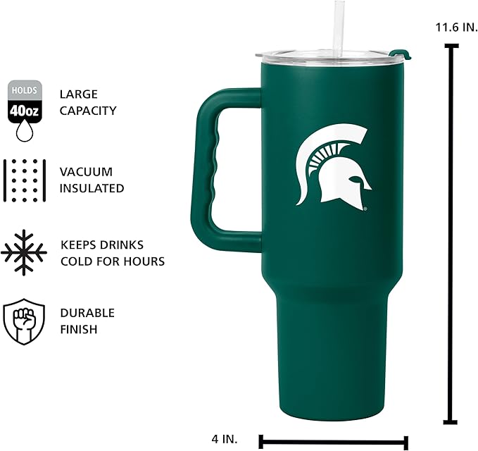 Logo Brands NCAA 40 oz Tumbler with Handle -Stainless Steel Insulated Travel Tumbler with Straw Lid – Powder Coated, Leak-Resistant, Keeps Drinks Hot/Cold – Great for Tailgating, or Everyday Use