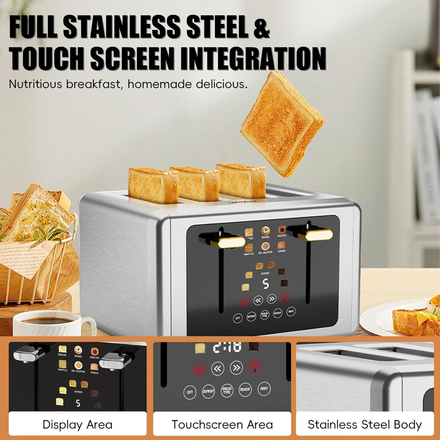whall 4 Slice Touch Screen Toaster, Stainless Steel Toasters Digital Timer, Dual Control Panel Toasters,6 Shade Settings&6 Bread Types, Smart Wide Slots, Bagel, Cancel, Defrost,Flat lever White