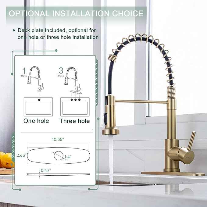 WEWE Brushed Gold Kitchen Faucet with Pull Down Sprayer, RV Brass Kitchen Faucet Stainless Steel Single Handle Spring Faucet with Deck Plate for Farmhouse Utility bar Laundry Sinks