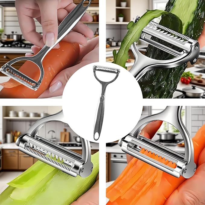 Julian Peeler for Vegetable, Multifunctional Vegetable Cutter Set – Stainless Steel Double-Layer Slicer with Julienne Peeler for Cabbage, Carrots, Potatoes – Kitchen Prep Tool Combo