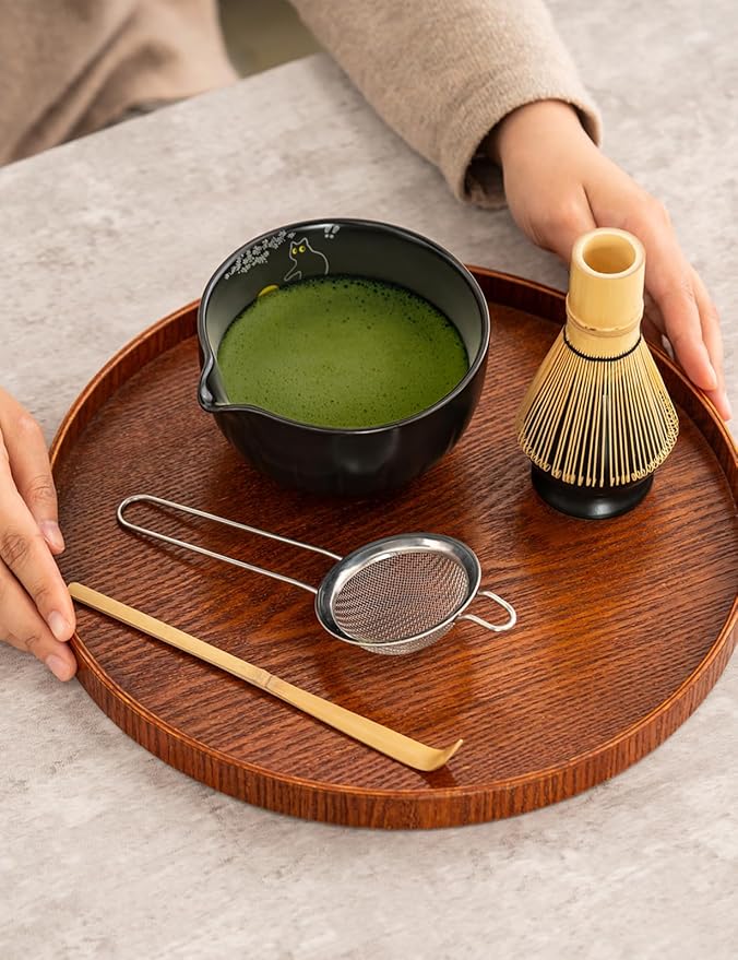 TANG PIN Premium Matcha Set - Traditional Japanese Matcha Making Kit with Spout Bowl (Chawan), Bamboo Whisk (Chasen) & Holder Stand - Complete Matcha Maker Starter Tools for Matcha Tea & Latt (Cat)