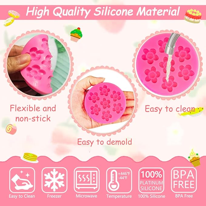 4Pcs Flower Silicone Molds - Rose & Daisy Mini Chocolate & Fondant Cake Decorating Molds for Baking, Soap, Ice Cube & Wax Melt