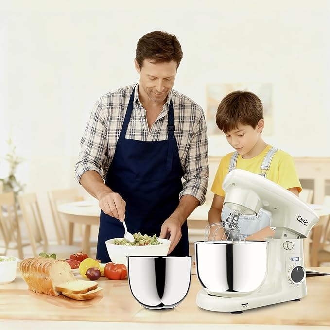 Camic Stand Mixer, 4.2QT+5.3QT Two bowls Electric Food Mixer, 10 Speeds with Digital setting 3-IN-1 Kitchen Mixer for Baking Cakes Cookie Bread Salad with Egg Whisk,Dough Hook,Flat Beater (White)