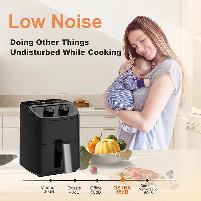 OSTBA 2.5QT Air Fryer for 1–2 People, Small Air Fryer with 6 Menu Options, Dual Knob Manual Temp & Timer, 3D Rapid Air Circulation, Nonstick & Dishwasher Safe Basket, Oil-Free Healthy Cooking