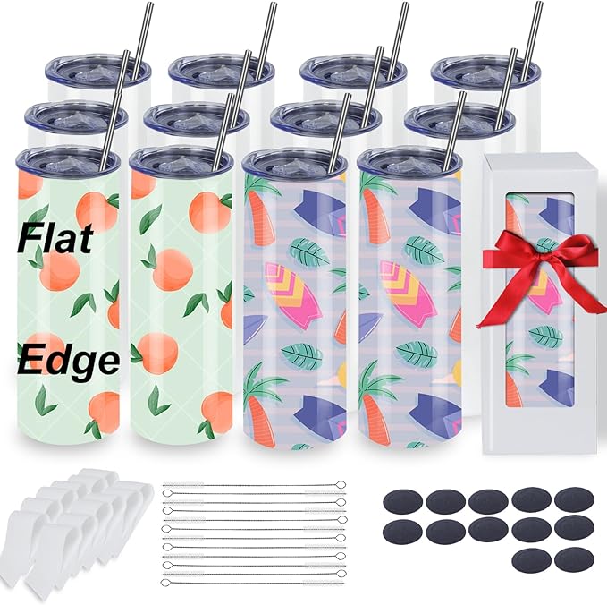 Sublimation Tumblers Bulk, 20OZ Sublimation Tumbler Blank, Skinny Straight Stainless (12, 20OZ FLAT EDGE)