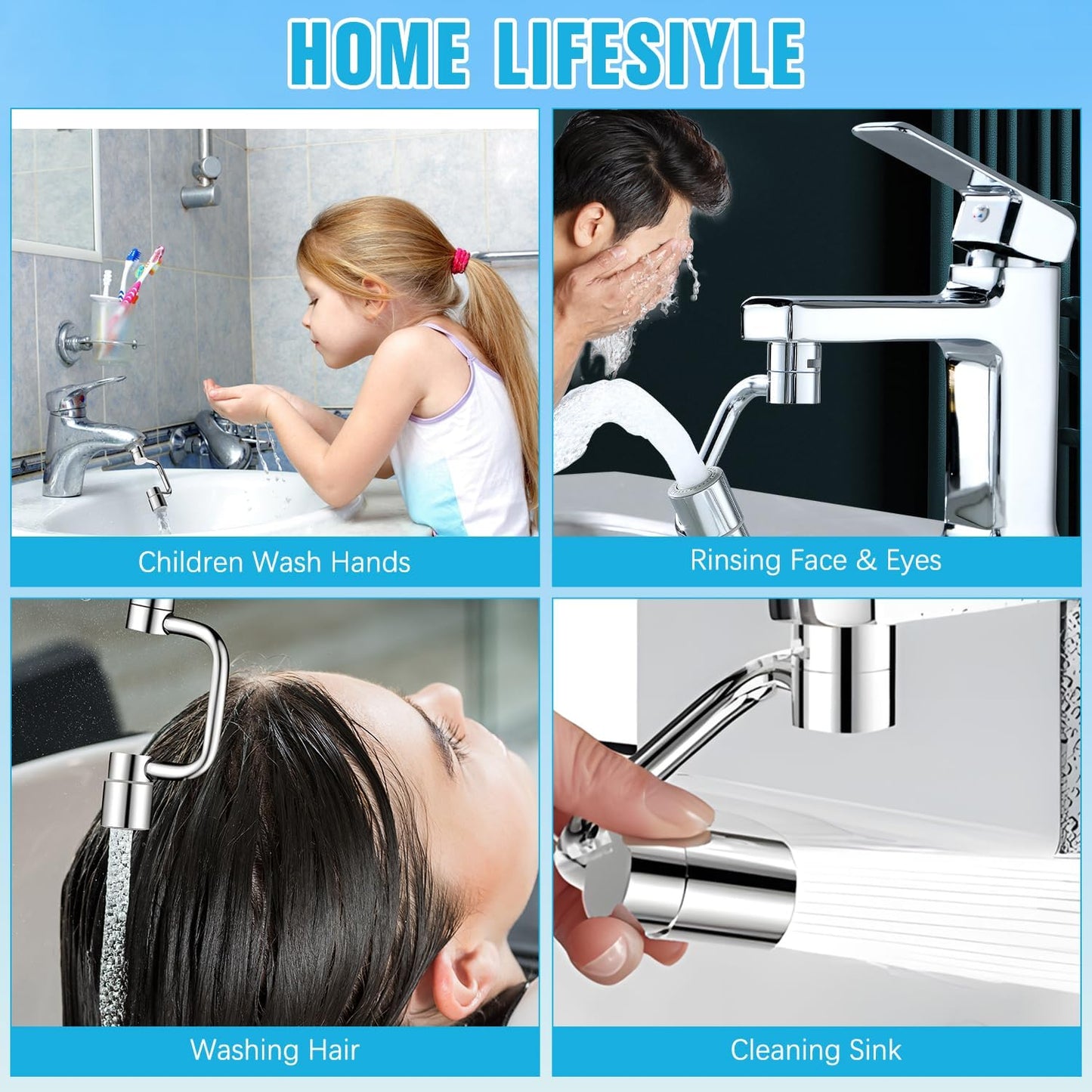 Flexiflow 1080°Rotatable Faucet Aerator, New Rotating Faucet Extender, U Shape Faucet Extender for Bathroom Sink/Kitchen, 2 Sprayer Modes, Multiple Adapters,Universal for Internal/External Thread