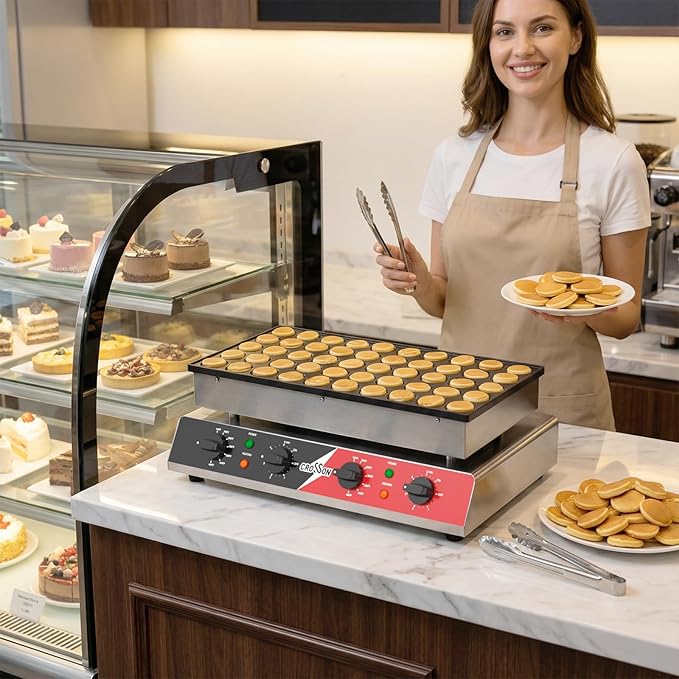 CROSSON Mini Pancake Maker, 50PCS 43mm Diameter Dutch Muffin Waffle Baker, Non-stick Stainless Steel Poffertjes Grill, Commercial Electric Dorayaki Machine W/Temp & Time Control 120V/1750W
