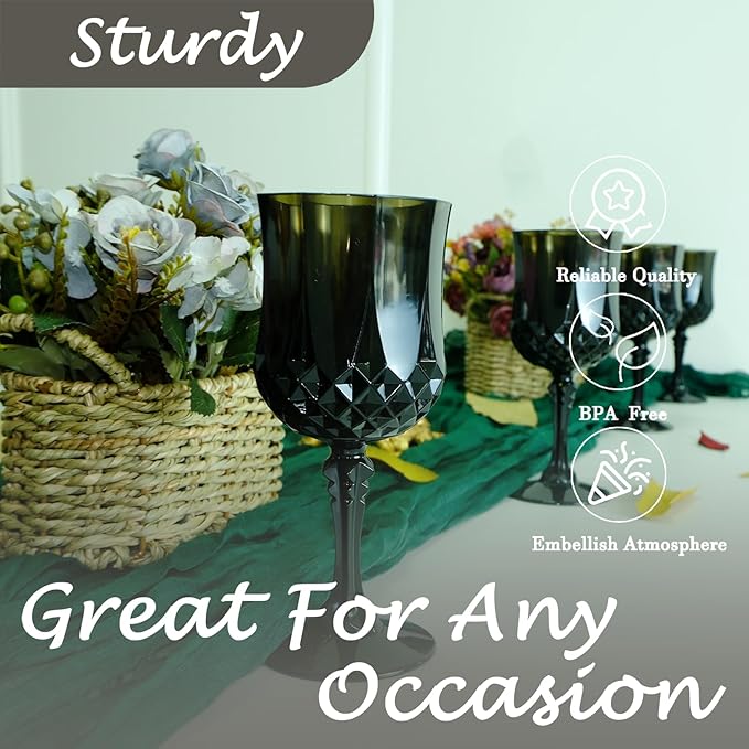Plastic Wine Glasses, Plastic Goblets Vintage Style Cordial Unbreakable Drinking Glasses, Reusable Drinkware for Wedding Reception, Grand Event Party Supplies (12, Black)