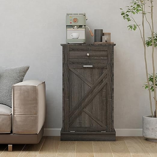 Tilt Out Trash Cabinet-Free Standing Kitchen Waste Bin-Wooden Recycling Trash Cabinet with Drawer-Oak Grey