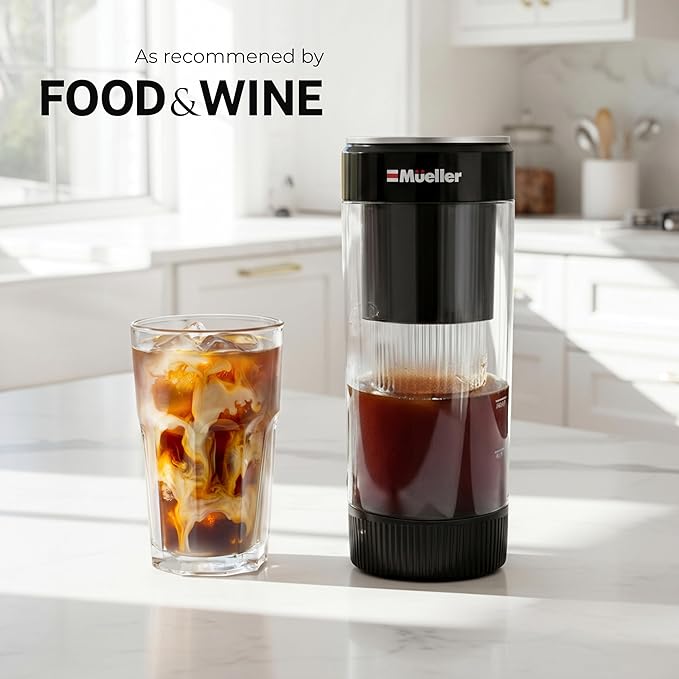 Mueller RapidBrew Cold Brew Iced Coffee Maker β 10 Min Fast Brew Portable Rechargeable Cold Brew Machine for Coffee & Tea β Adjustable Strength 10-99 Min β 20 Servings Per Charge, Black Coffee