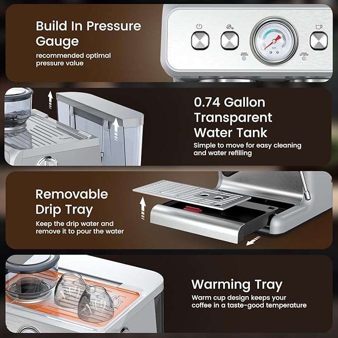 (2026 Upgrade) Espresso Machine with Grinder, Expresso Coffee Machines with Built-in Anti-Clog Coffee Grinder/Milk Steam Wand/Frother, Expresso Machines for Home Perfect Cappuccino & Latte-Silver
