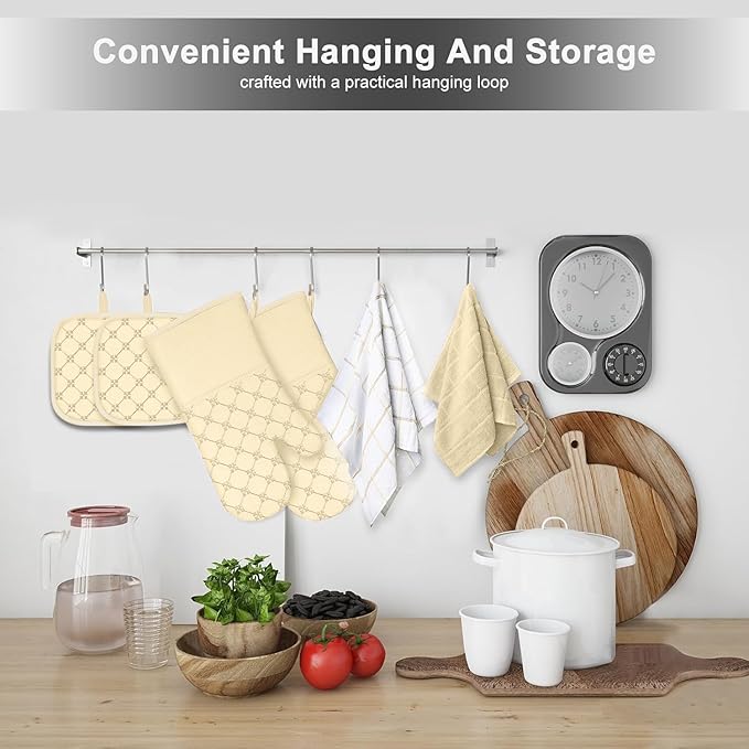 Oven Mitts Kitchen Towels Dishcloths with Pot Holders Sets 12PCS, Dish Towels Sets, Oven Gloves Pot Pads Heat Resistant 500 Degrees with Non-Slip Silicone Surface for Cooking Baking Grilling-Beige
