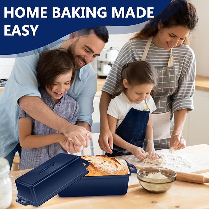 Wildone 2 in 1 Enameled Cast Iron Bread Pan with Lid, 9x5 Loaf Pans for Homemade Sourdough Bread, Cake, Meatloaf, Even Heating Bread Dutch Oven, Navy Blue