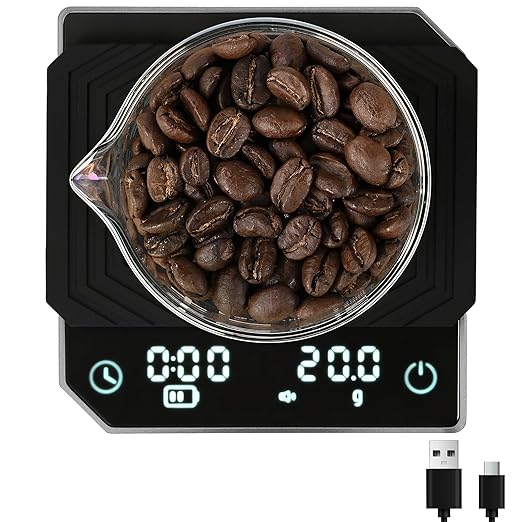 Espresso Scale with Timer - MUVNA Mini Coffee Scale 0.1g Precision Rechargeable, Metal Body Portable Digital Scale for Pour Over/Espresso with Flow Rate Display, Automatic Timing, Black