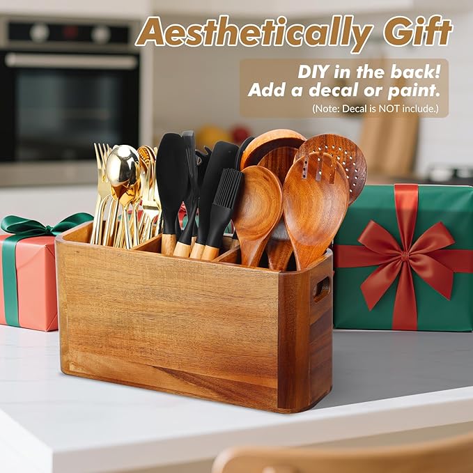 Kitchen Utensil Holder for Counter or Countertop, Extra Large Acacia Wood Organizer with 3 Compartments, Wooden Storage for Cooking and Silverware, Rustic Minimalist Decor, Sturdy Utensil Crock