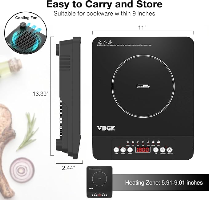 VBGK Single Burner Induction Cooktop,1800W Portable Induction Cooktop,110V Hot Plate with LCD Sensor Touch, 7 Temp Levels up to 518°F, Safety Lock, 4-Hour Timer, 9 Heat-Resistant Cooking