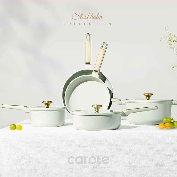 CAROTE Ceramic Cookware Set Nonstick, 14pcs Pots and Pans Set Nonstick, Non-Toxic & PFAS-Free, Dishwasher, RV/Camping Cookware Set, Cooking Pots with Lids, Sage Green