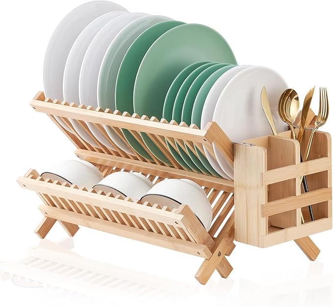 Bamboo Dish Drying Rack, 2 Tier Collapsible Dish Rack with Utensil Holder, Wooden Dish Drying Rack for Kitchen Counter, Large Folding Drying Holder, Dish Drainer 34 pcs Grid