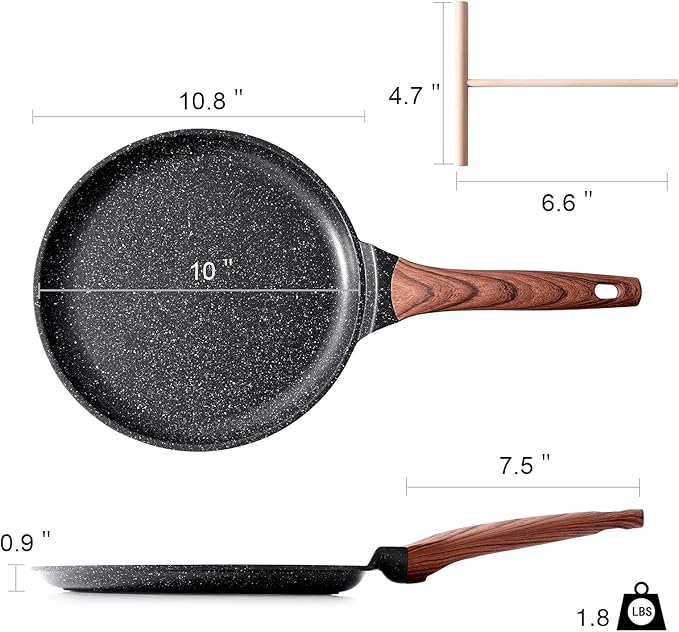 Kordisen Crepe Pan Nonstick, 10 Inch Dosa Pan with Spreader, Granite Coating Comales Para Tortillas Pancake Pan, Flat Pan for Stove Top, Induction Compatible, PFOA Free