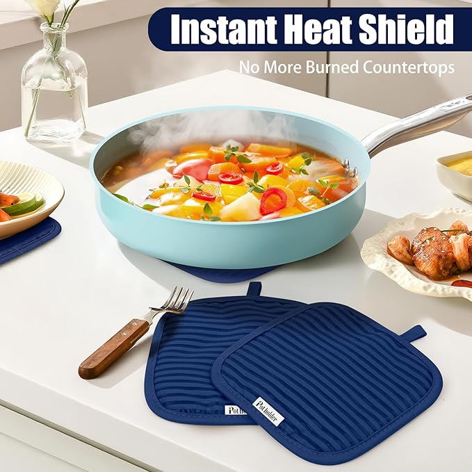 Oven Mitts and Pot Holder Sets with Silicone Grip, 500°F Heat Resistant-6 Pack Dishcloth/Dish Towels for Kitchen 100% Cotton-Value Kitchen Essentials for Cooking, Baking, Grilling-Marine Blue