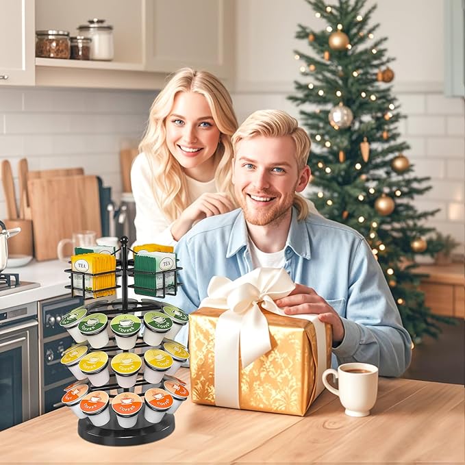 EsLuker.ly K Cup Holder Coffee Pod Organizer Carousel for Countertop, Rotatable Metal 4-Tier Storage Rack Stand for 30 K Cups & Tea Bags, Convenience Meets Elegance