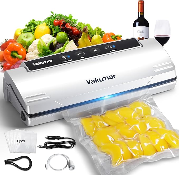 Upgraded Vacuum Sealer Machine for Food, 8 in 1 Food Sealer Vacuum Sealer with Powerful Suction, Dry & Moist Modes, Sous Vide Compatible, Included Car Charger(In-vehicle use)