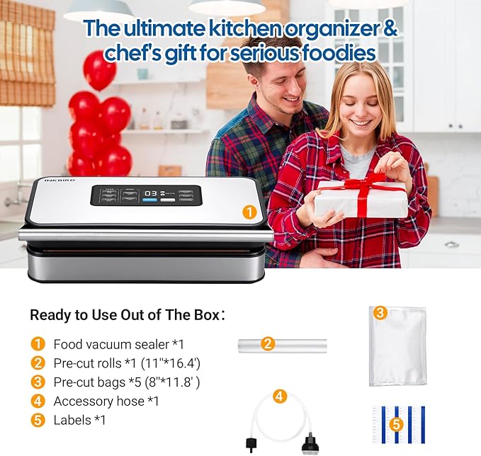 INKBIRD Vacuum Sealer Machine with 160W Double Pump, Full Automoatic Pro Vacuum Sealer for Food Preservation with Liquid/Moist/Dry Food, Food Sealer with Removable Drip Tray, Roll Storage and Cutter