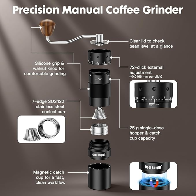 COOL KNIGHT Manual Coffee Grinder, 7-Edge SUS420 Stainless Steel Conical Burr, 72-Click External Adjustment, 25g Capacity, Aluminum Body, Walnut Handle, Magnetic Catch Cup for Espresso & Pour Over