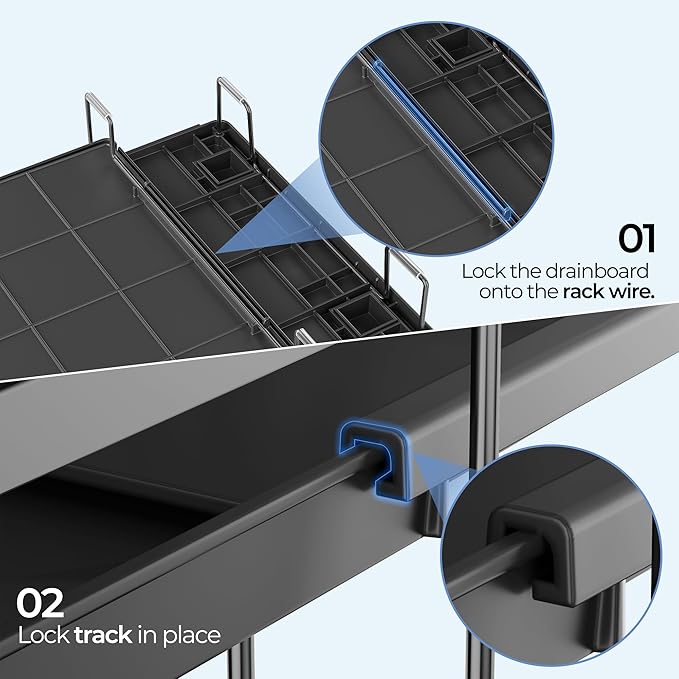 Large Dish Drying Rack, Expandable Dish Rack for Kitchen Counter, Dish Drainer with Drainboard Set, Multifunctional Dishrack with Utensil & Cup Holder, 13.4"-28.7" L x 11.8" W x 7.8" H, Black